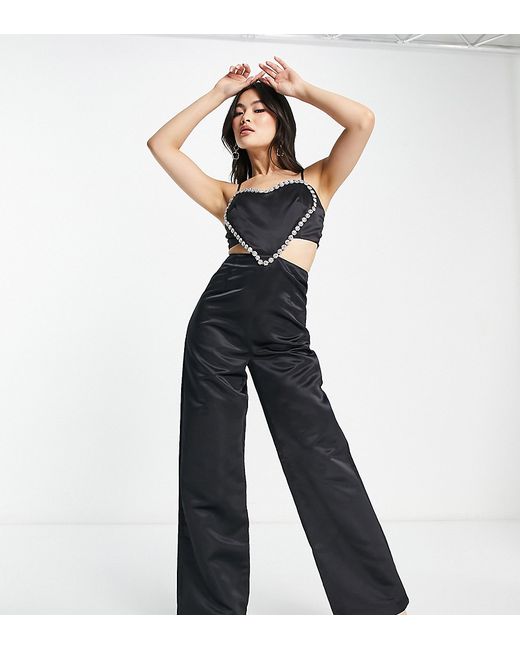 Collective The Label Exclusive Valentine embellished heart wide leg jumpsuit in black-