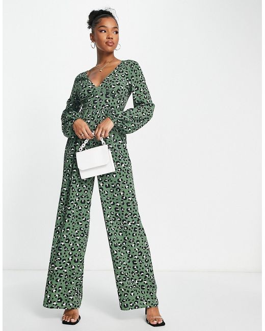Asos Design bubble crepe button back long sleeve jumpsuit in leopard print-