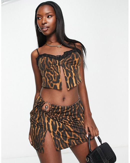 Afrm Matea lace trim front slit cami top in leopard print part of a set-