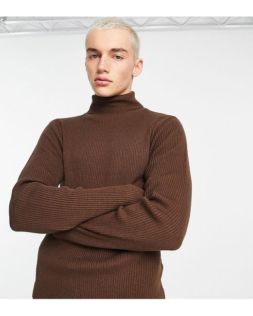 Collusion knitted ribbed roll neck sweater in chocolate