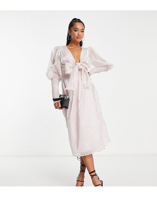 Collective The Label Petite exclusive plunge tie front midi dress in blush polka dot-