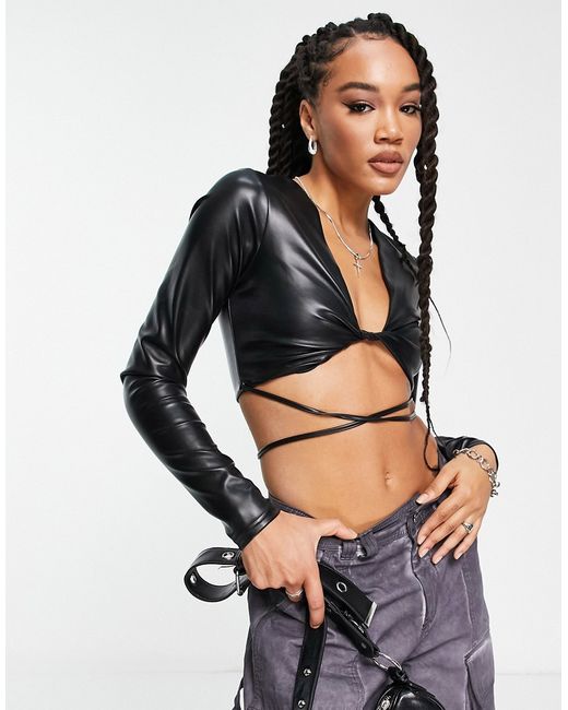 Afrm Alegra PU twisted front long sleeve tie crop top in