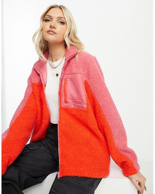 Pieces contrast trim fleece jacket in bright red block