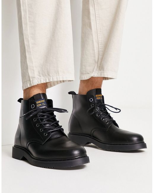 Jack & Jones leather lace up boots with chunky sole in