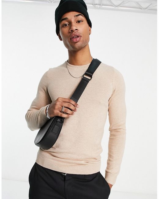 New Look muscle fit knitted sweater in oatmeal-
