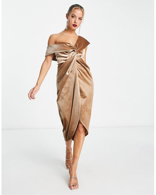 Asos Design off shoulder twist front wrap velvet midi dress in camel-