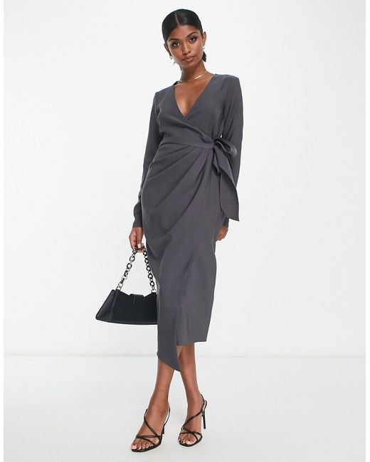 Asos Design v neck midi dress with twist wrap detail in charcoal-