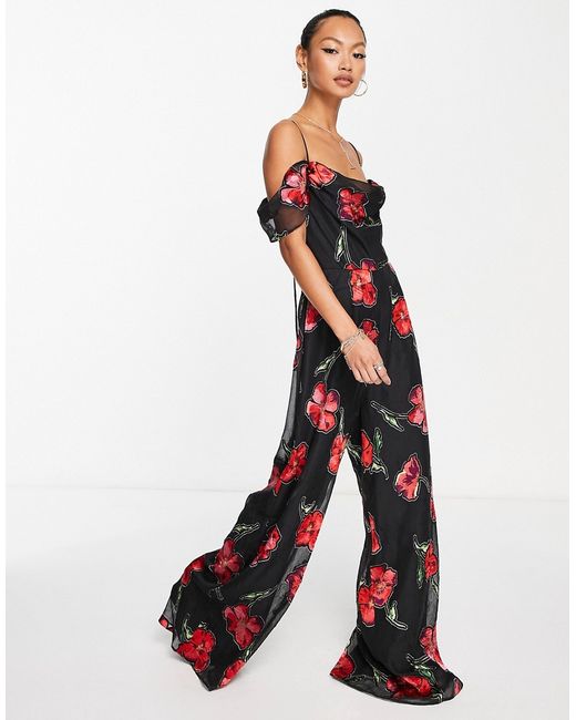Asos Design cowl neck wide leg jumpsuit in floral burnout-