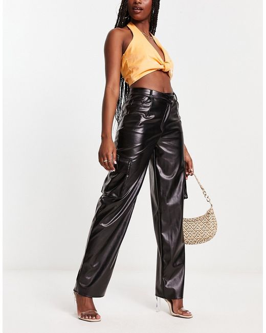 Kaiia leather look cargo pants with asymmetric waistband in
