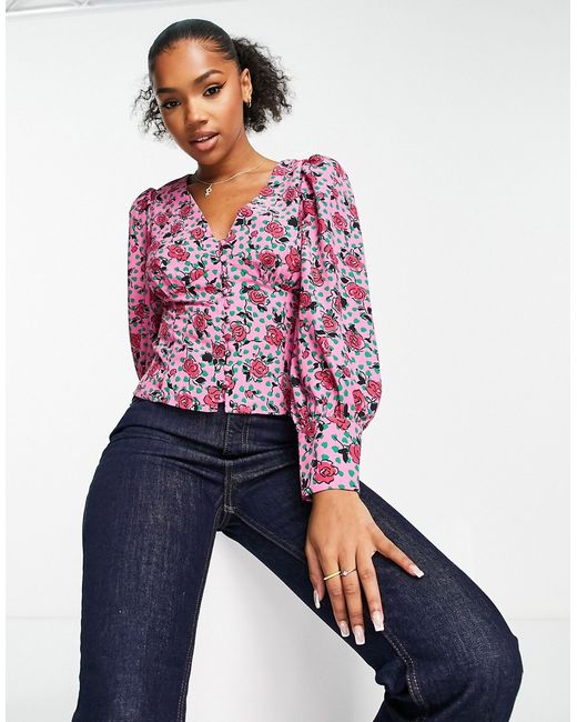 Glamorous multi rose print button through blouse in