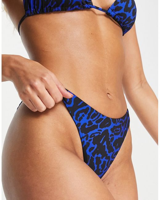 Asos Design high leg hipster bikini bottom in cobalt leopard print-