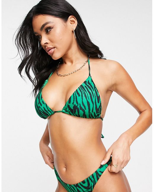 Asos Design triangle bikini top in green animal print-