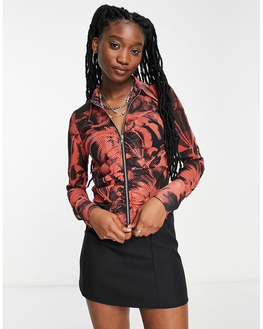 Asos Design ruched front shirt with zip detail in oversized rose print-