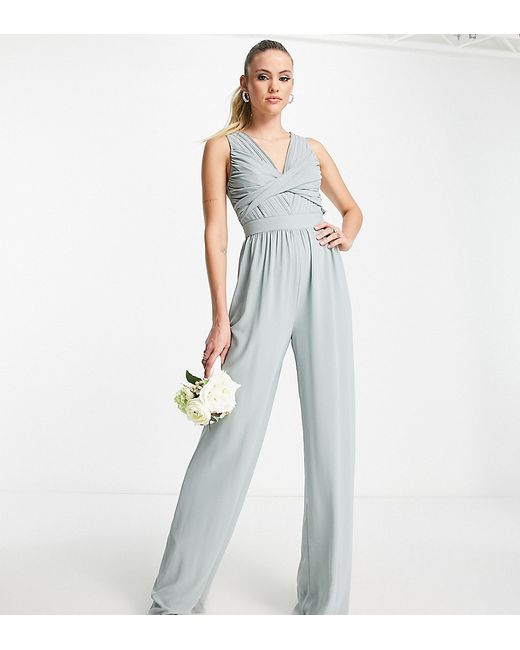 TFNC Tall Bridesmaid wrap front jumpsuit in sage