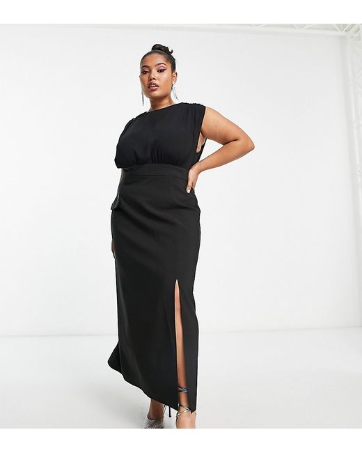 ASOS Curve DESIGN Curve blouson sleeveless midi dress with pocket and split detail in