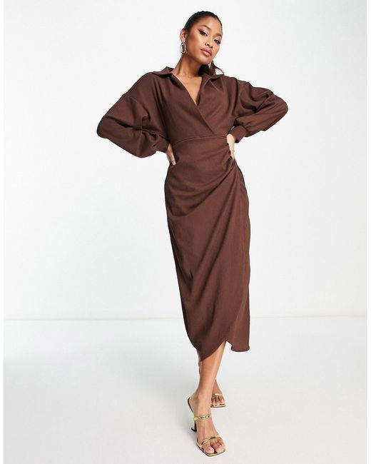Asos Design textured collared wrap midi dress in
