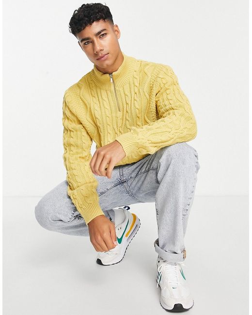 Asos Design heavyweight cable knit half zip sweater in mustard-
