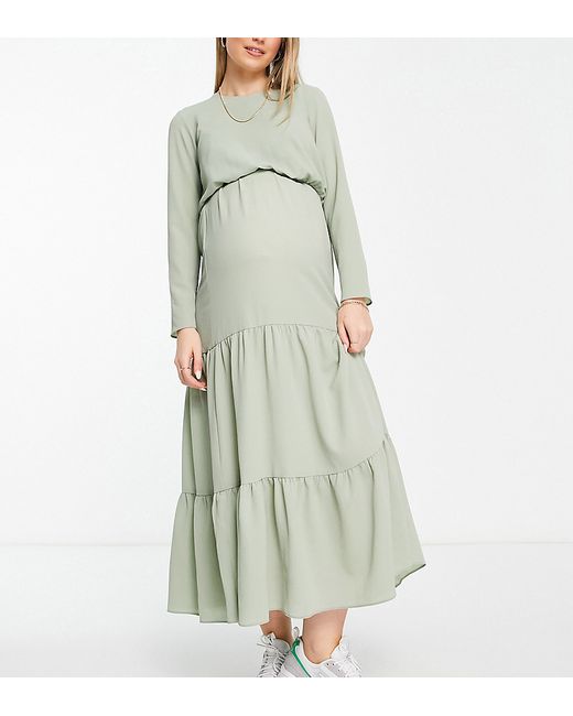 ASOS Maternity DESIGN Maternity nursing drawstring waist tiered midi dress in sage-