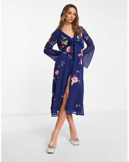 Asos Design tie front button up midi dress with floral embroidery in