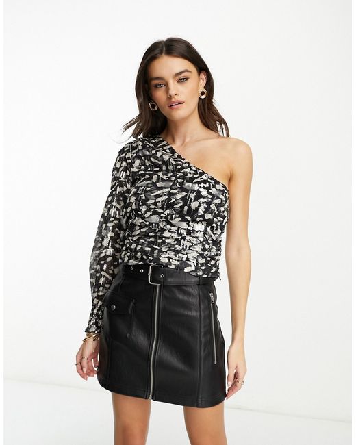 Mango one shoulder blouse in black and silver print-