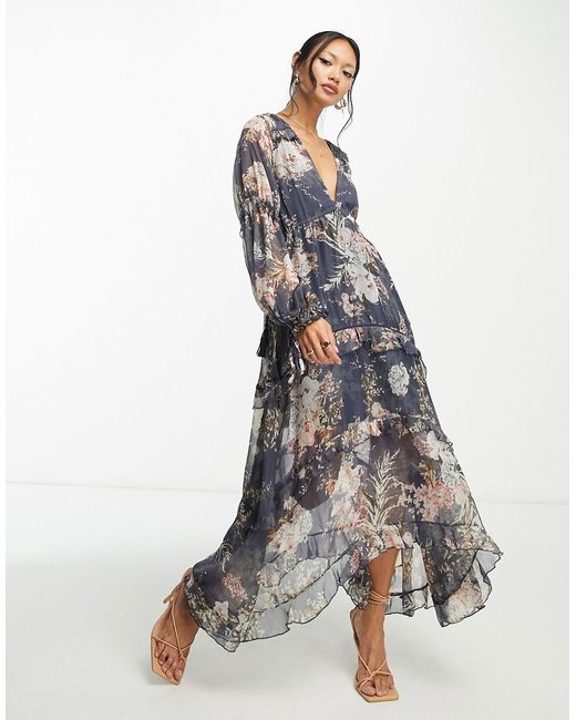 Asos Design pleated layered tiered midi dress in navy floral print with lace trim-