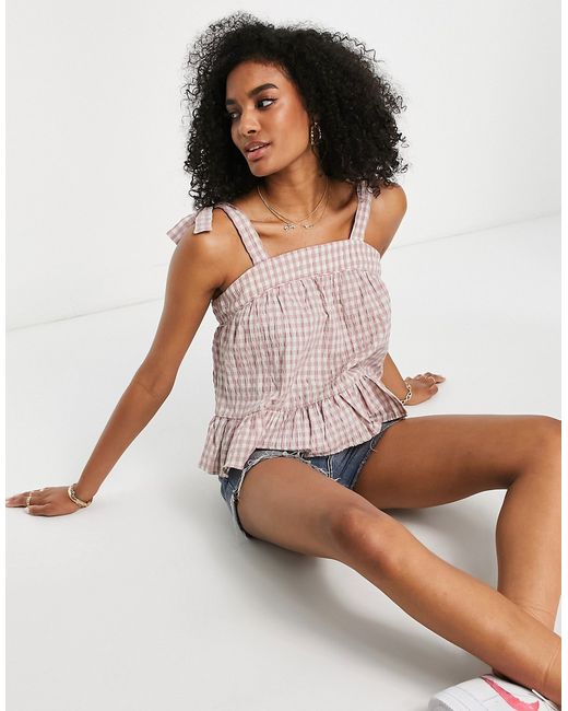 Y.A.S tie shoulder cami top in pink white gingham part of a set-