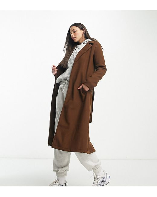 QED London Tall belted longline coat in chocolate