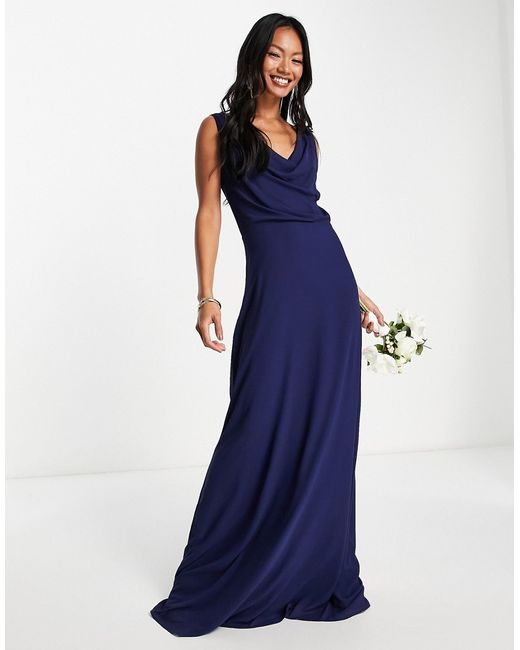 Tfnc Bridesmaid cowl neck button back maxi dress in navy