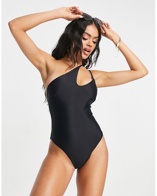 Asos Design asymmetric one shoulder high leg swimsuit in