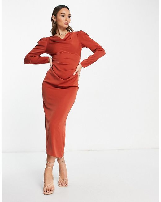 Asos Design slinky drape shoulder midi dress in rust-