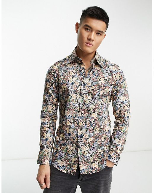 Devils Advocate wide collar long sleeve floral shirt in