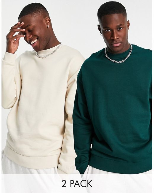 Asos Design oversized sweatshirt 2 pack green/beige-