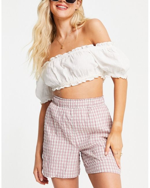 Y.A.S pull-on shorts in pink white gingham part of a set-