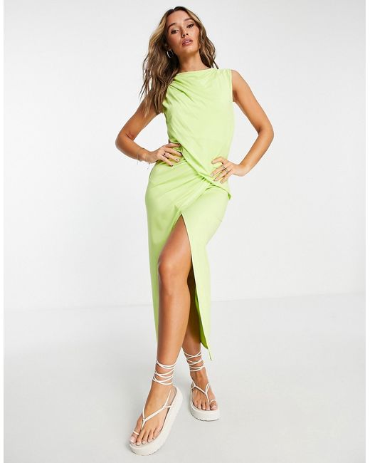 Asos Design sleeveless drape neck midi dress with side cut out in lime-
