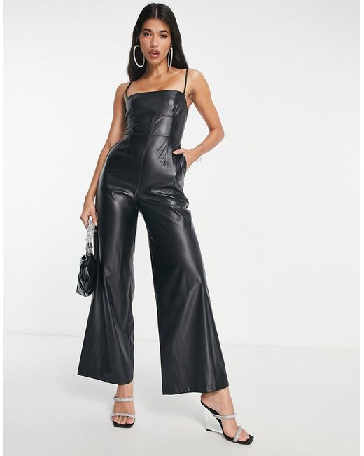 Asos Design leather look strappy wide leg jumpsuit in