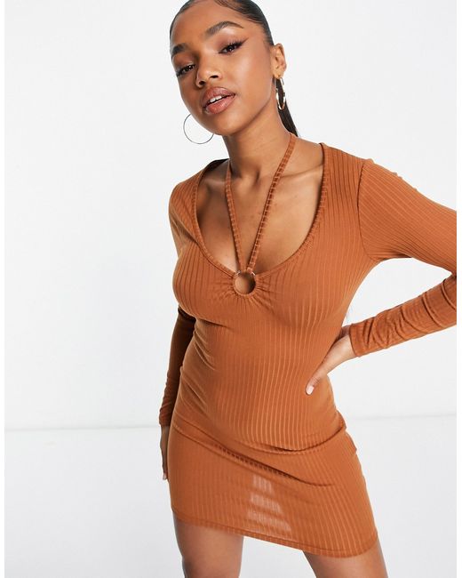 New Look ribbed cut out detail mini dress in camel-