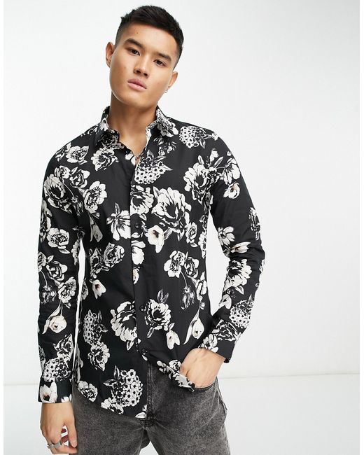Devils Advocate slim fit long sleeve floral shirt in and white