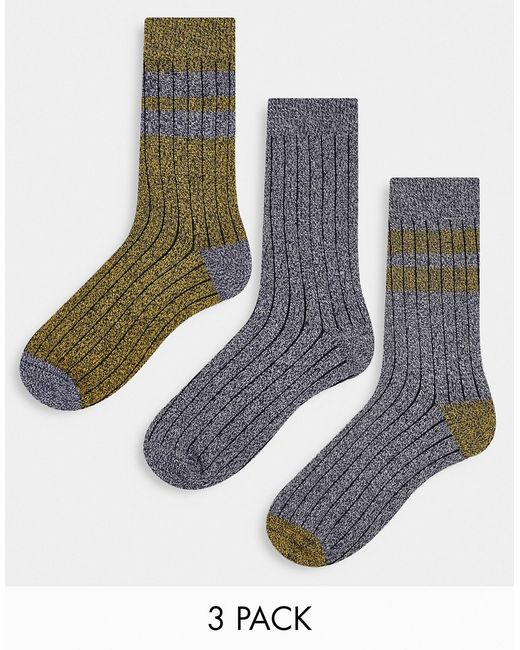Asos Design 3-pack cotton chunky socks with stripes in blue and yellow-
