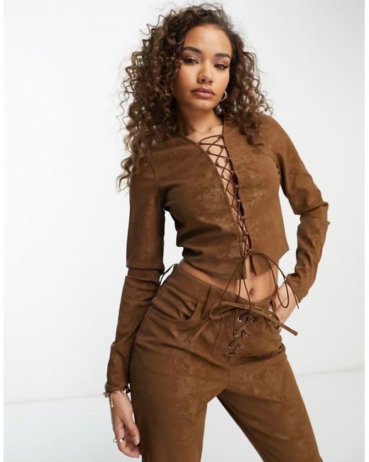 Afrm Aida long sleeve lace up graphic top in mocha part of a set-