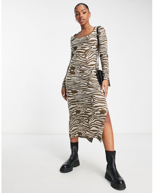 Asos Design knit midi dress in brown zebra pattern-