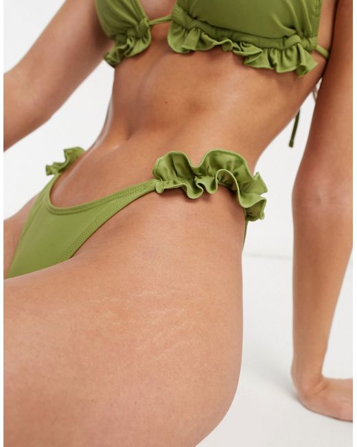 River Island frill trim tie side bikini bottom in khaki-