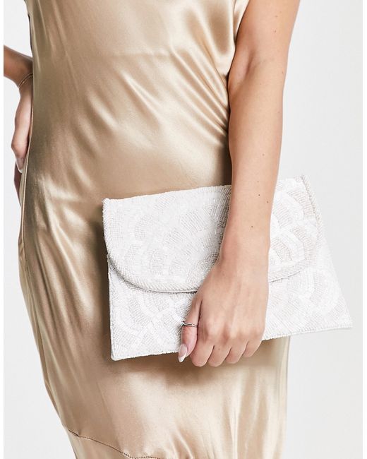 True Decadence embellished beaded envelope clutch bag in light