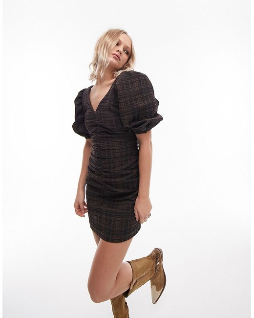 TopShop ruched front textured plaid mini dress in