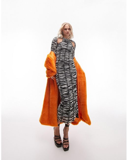 TopShop mesh ruched long sleeve midi dress in animal print-