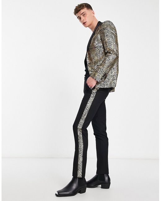 Twisted Tailor kalman skinny suit pants in velour with gold foil print sidestripe