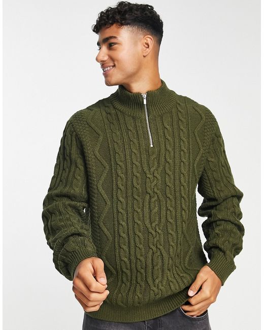 Asos Design heavyweight cable knit half zip sweater in khaki-