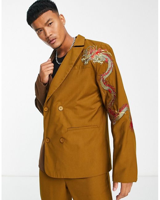 Liquor N Poker oversized double breasted suit jacket in spliced with placement dragon print