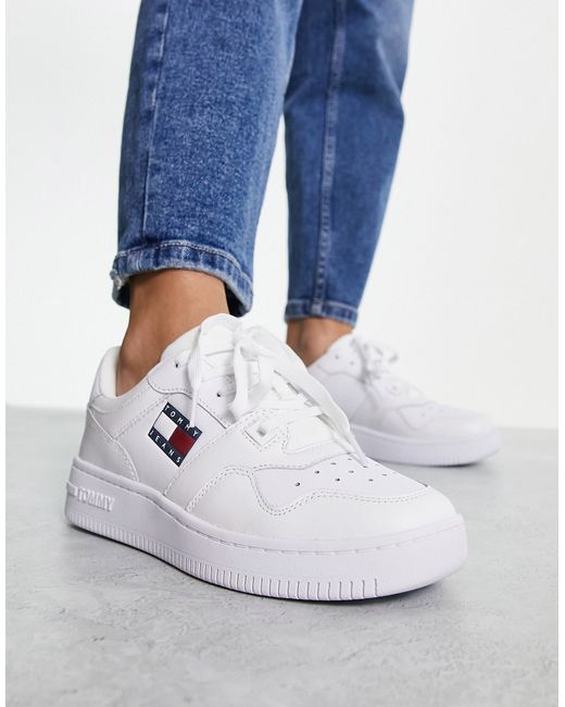 Tommy Jeans leather flag logo retro basket sneakers in