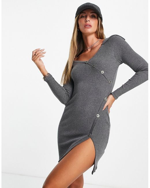 Asos Design super-soft ribbed long sleeve mini dress with buttons in charcoal-