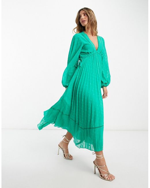 Asos Design v front trim detail pleated textured midi dress with hanky hem in emerald green-